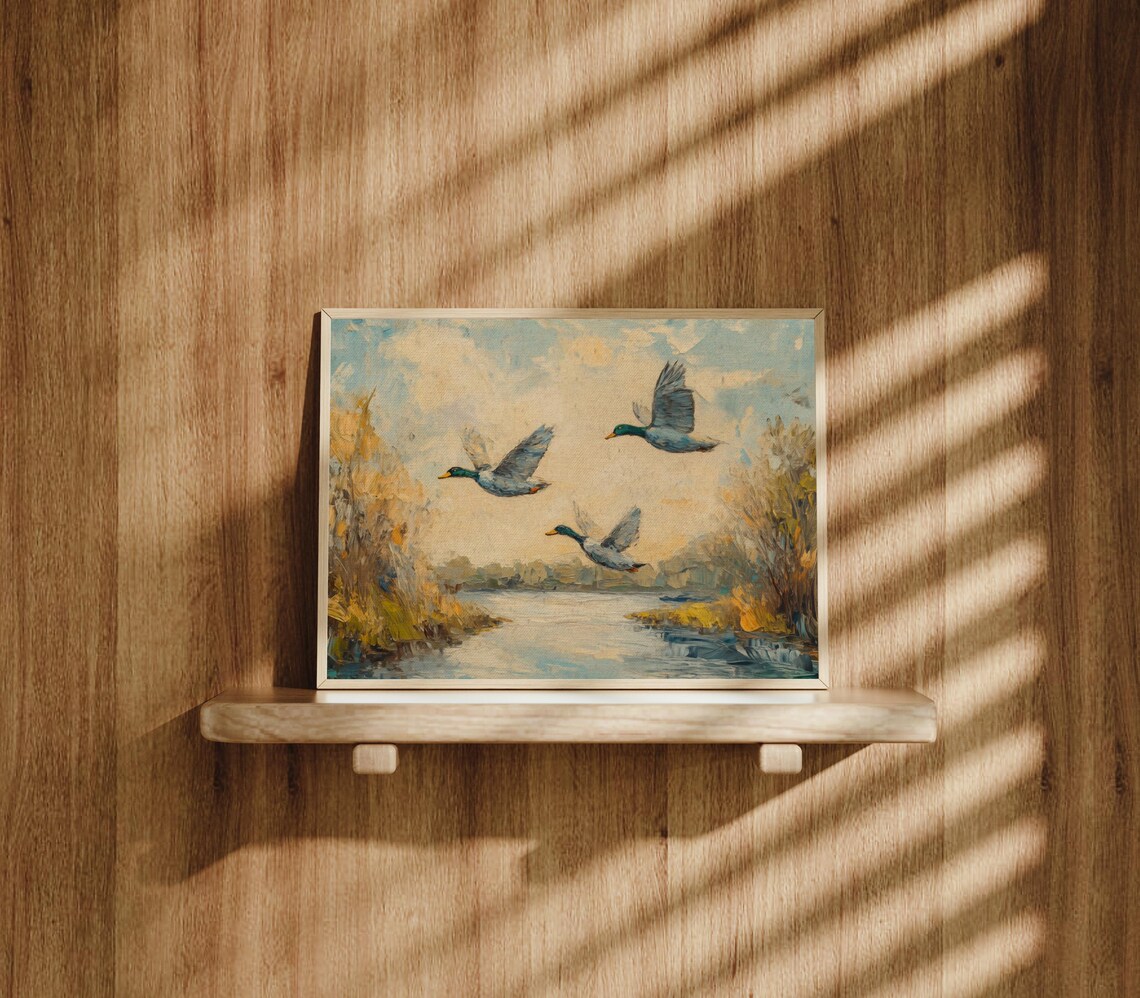 Vintage Flying Ducks Oil Painting River Landscape Art Print - Image 3