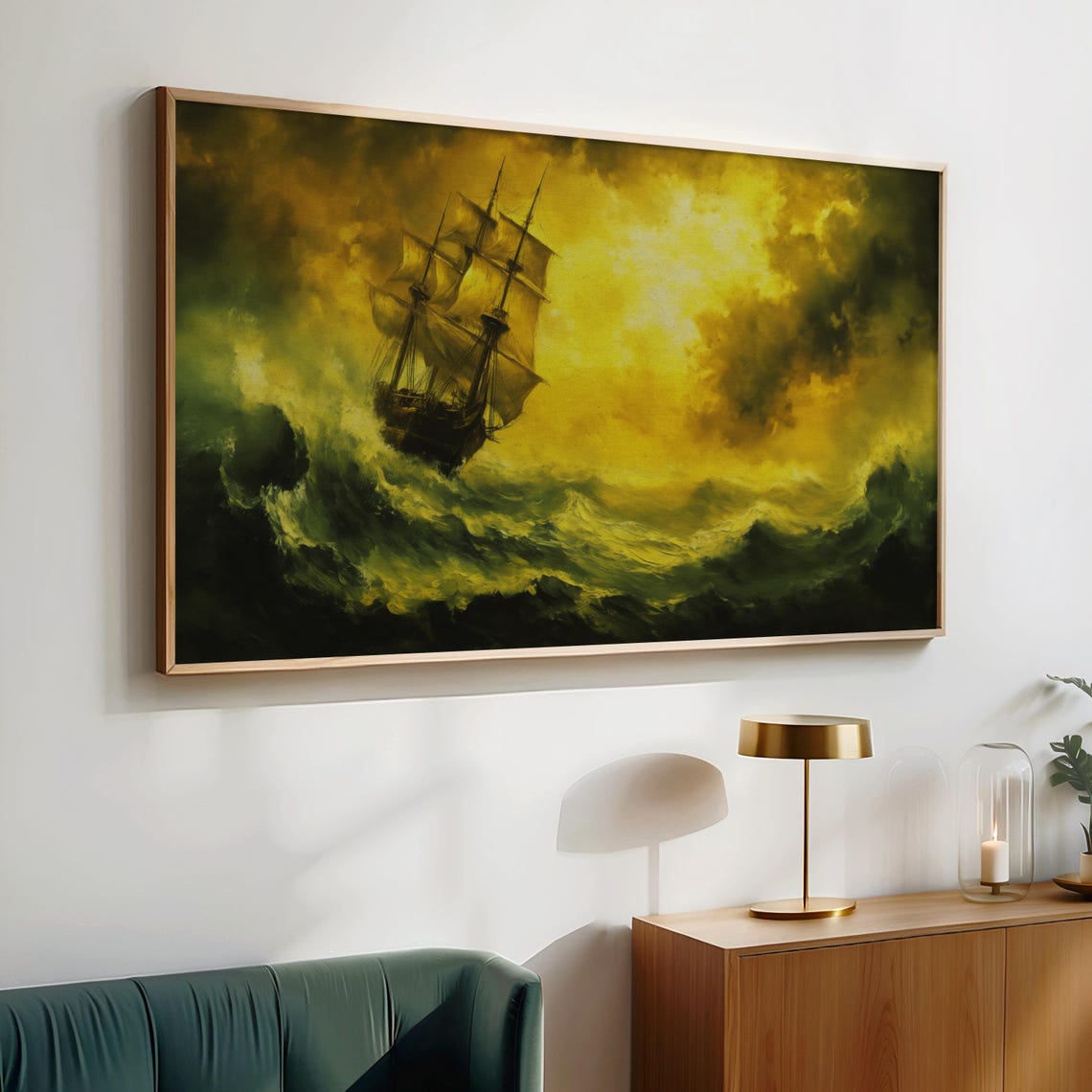 Tall Ship on Golden Storm Waves Dramatic Seascape Vintage Oil Poster - Image 2