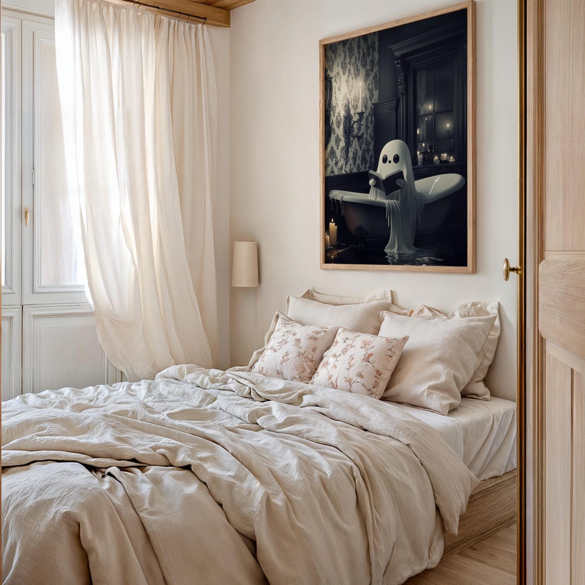 Cute Ghost Reading A Book In Bathtub In Gothic Candlelit Room Poster - Image 2