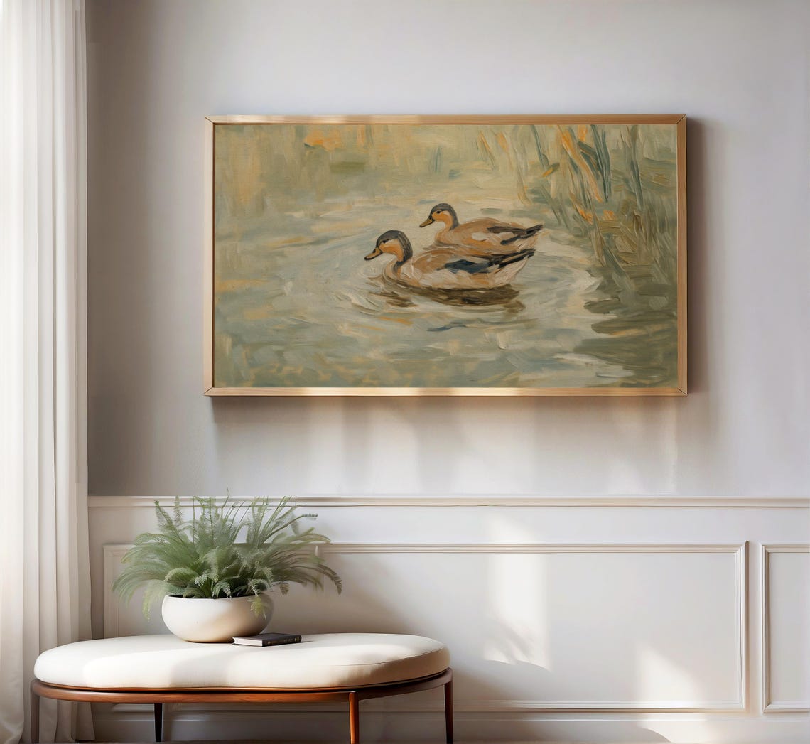 Two Mallard Ducks Swimming Marsh Reeds Impressionist Painting Poster - Image 3