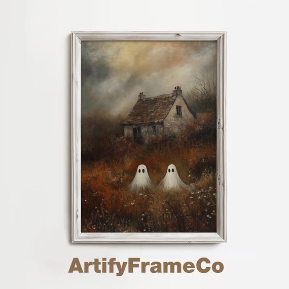 Ghosts By English Cottage Oil Painting Wall Art Vintage Halloween Decor Spooky Autumn Landscape Cute Ghost Painting