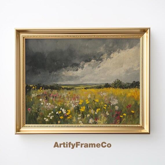 Wildflower Meadow Under Dramatic Stormy Sky Yellow Blooms Oil Painting Print