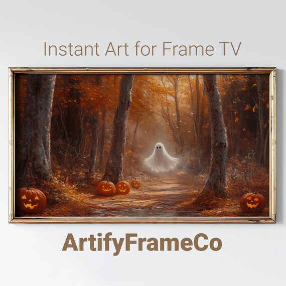 Ghost on a Jack O Lantern Lit Forest Path Autumn Vintage Halloween Wall Art