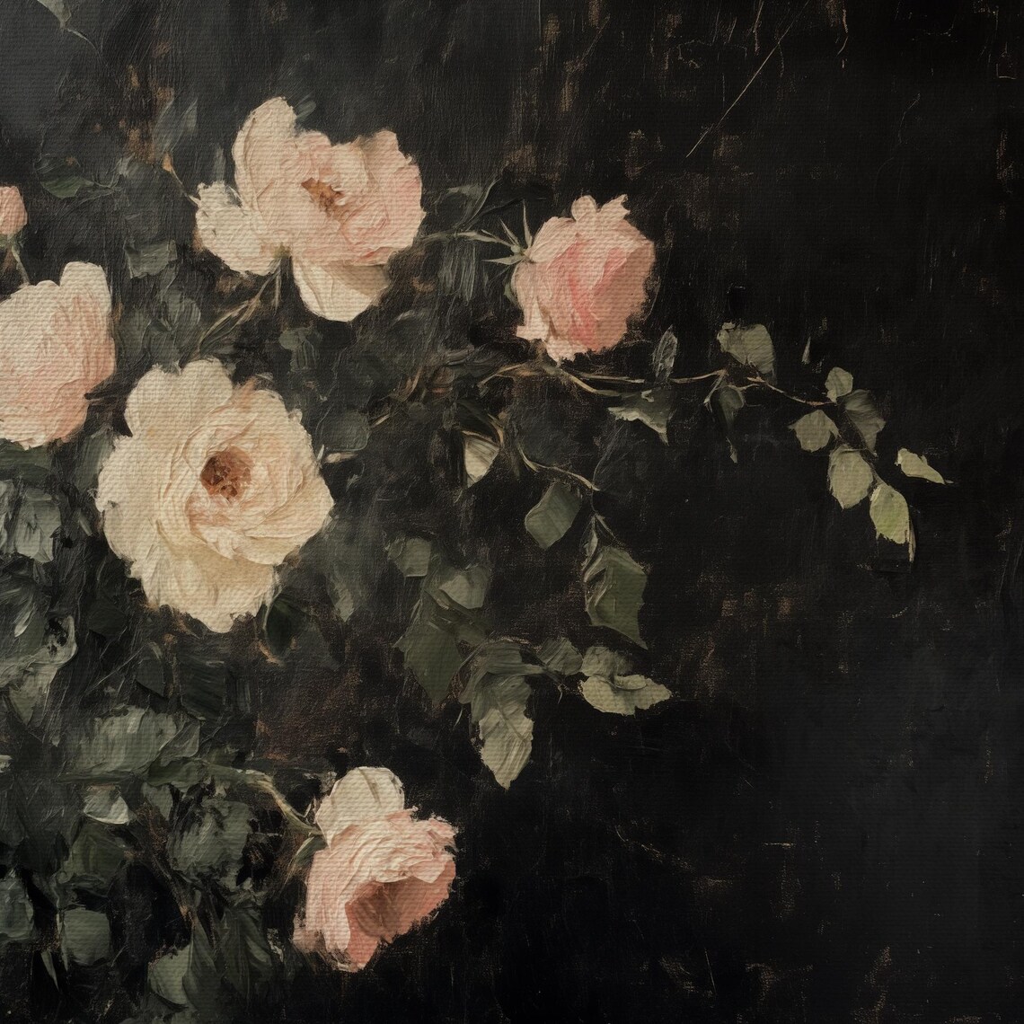 Pink Rose Branch On Dark Background Moody Romantic Floral Oil Painting Print - Image 4