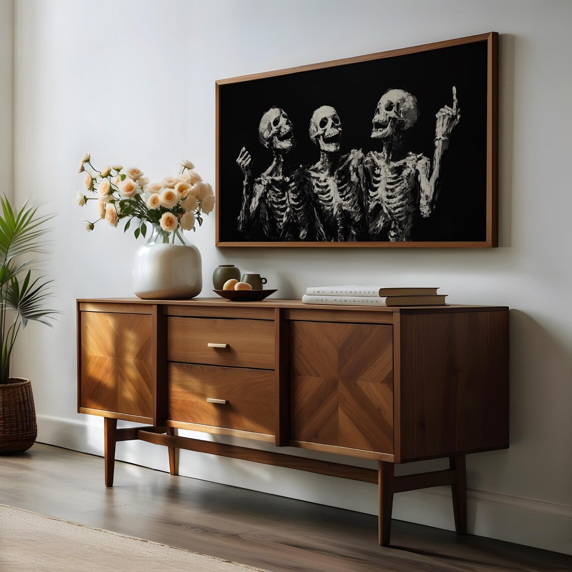Skeleton Trio in Black and White Minimalist Monochrome Halloween Wall Art - Image 3