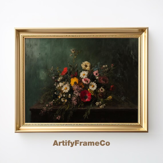 Valentines Day Wildflower Bouquet Romantic Spring Flowers Oil Painting Dark Green Wall Art Moody Wh0010