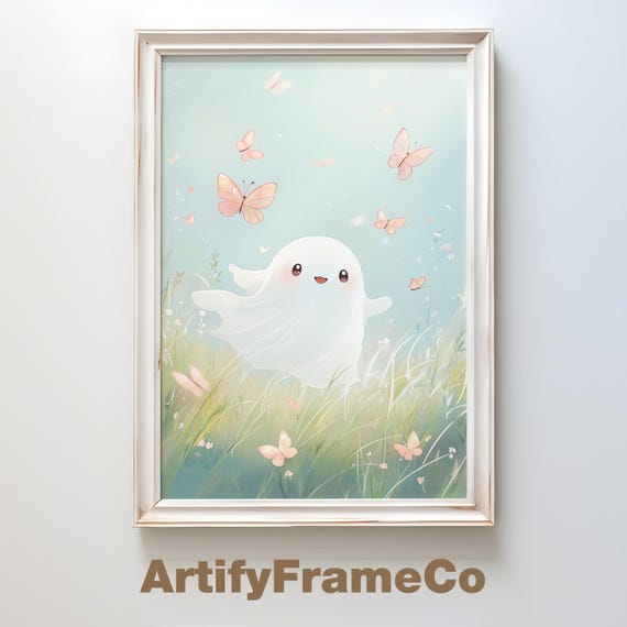 Cute Ghost With Butterflies Art Kawaii Halloween Decor Whimsical Pastel Wall Art Childrens Illustration Art