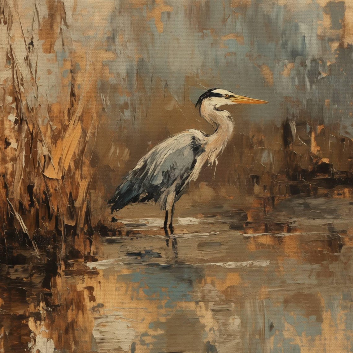 Great Blue Heron Autumn Marsh Water Loose Brushwork Painting Poster - Image 4