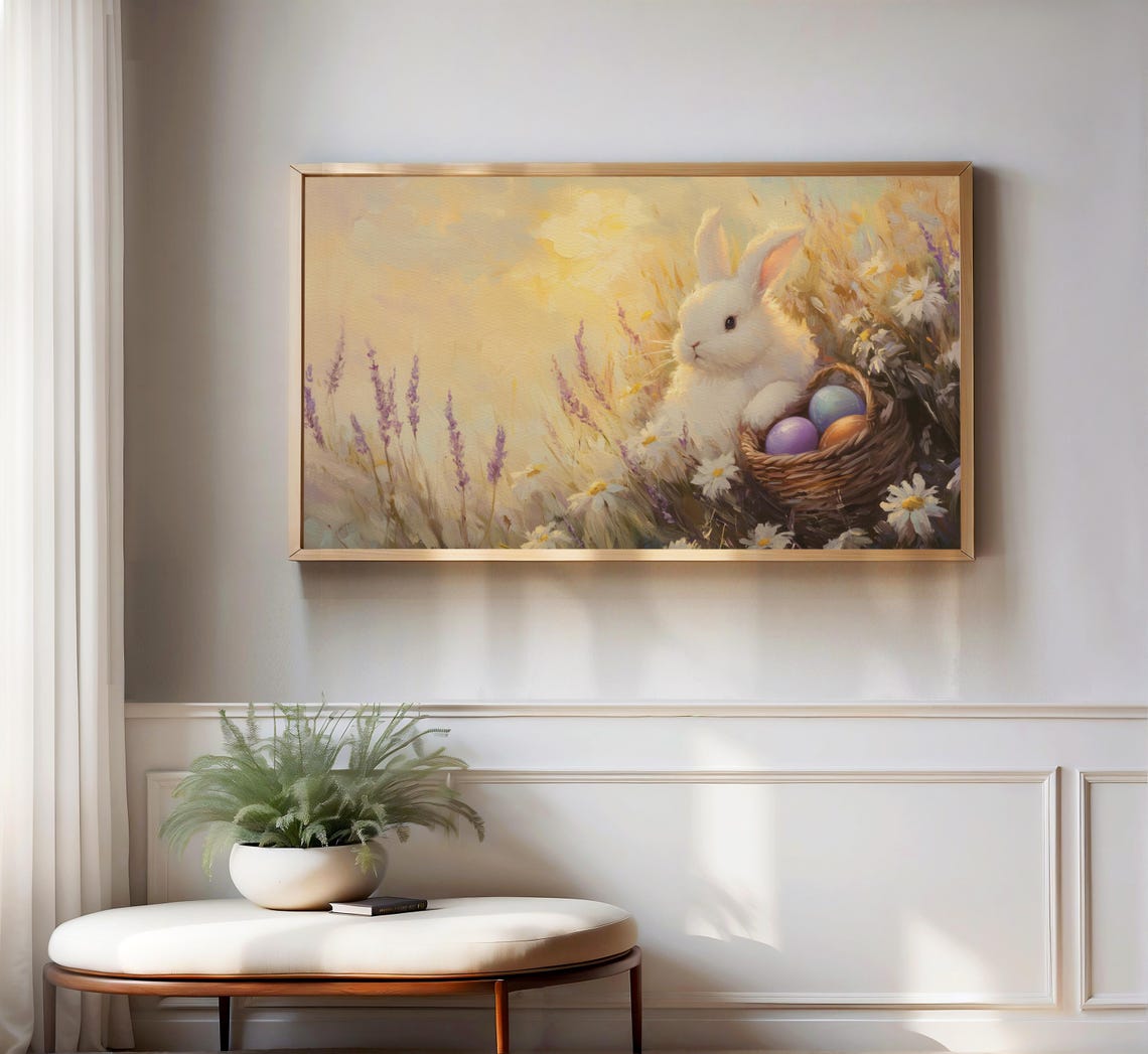 Easter Frame Tv Art Cute Rabbit Painting Basket Of Eggs Wildflower Rustic Nature Art Frame Tv Spring Easter Screensaver Tv109 - Image 3