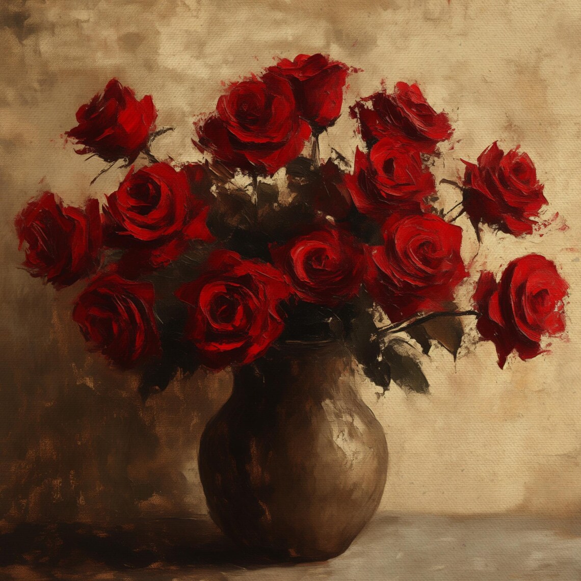 Red Rose Bouquet Moody Dark Vintage Botanical Oil Painting Poster - Image 4