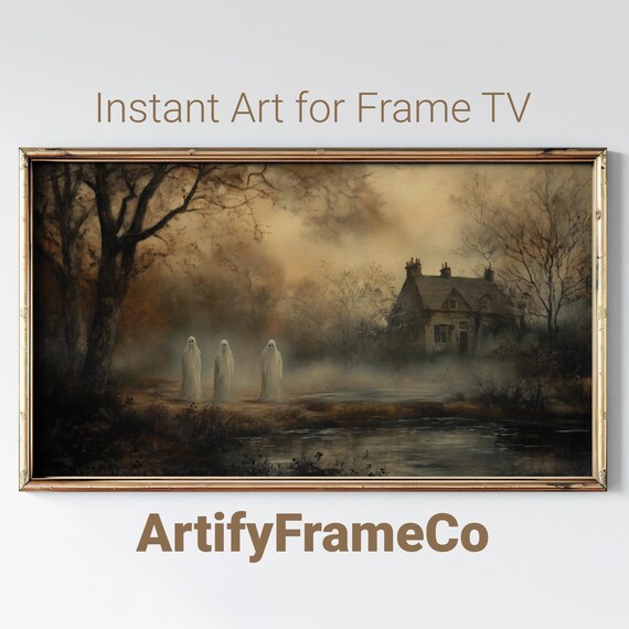 Three Ghosts by a Misty Pond in Autumn Vintage Moody Halloween Wall Art