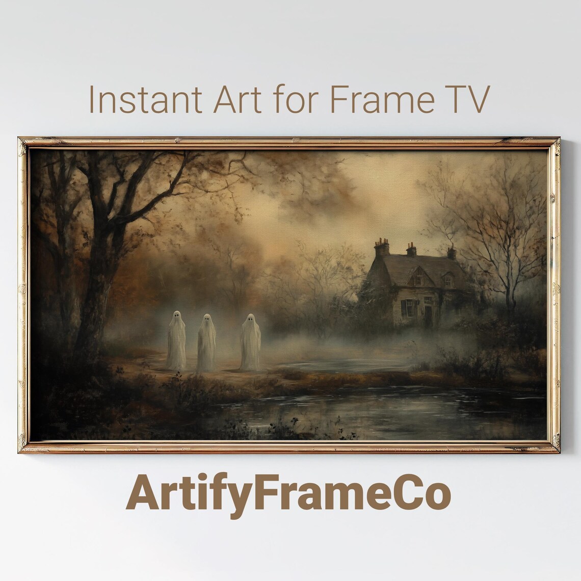 Three Ghosts by a Misty Pond in Autumn Vintage Moody Halloween Wall Art