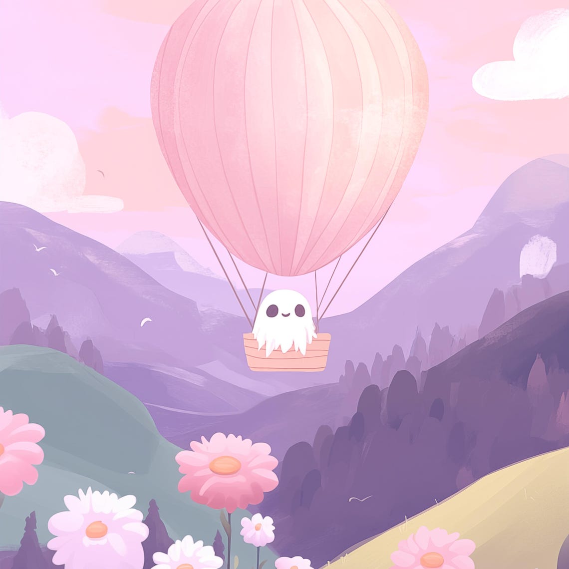 Cute Ghost Riding Pink Hot Air Balloon Over Flower Field Poster - Image 4