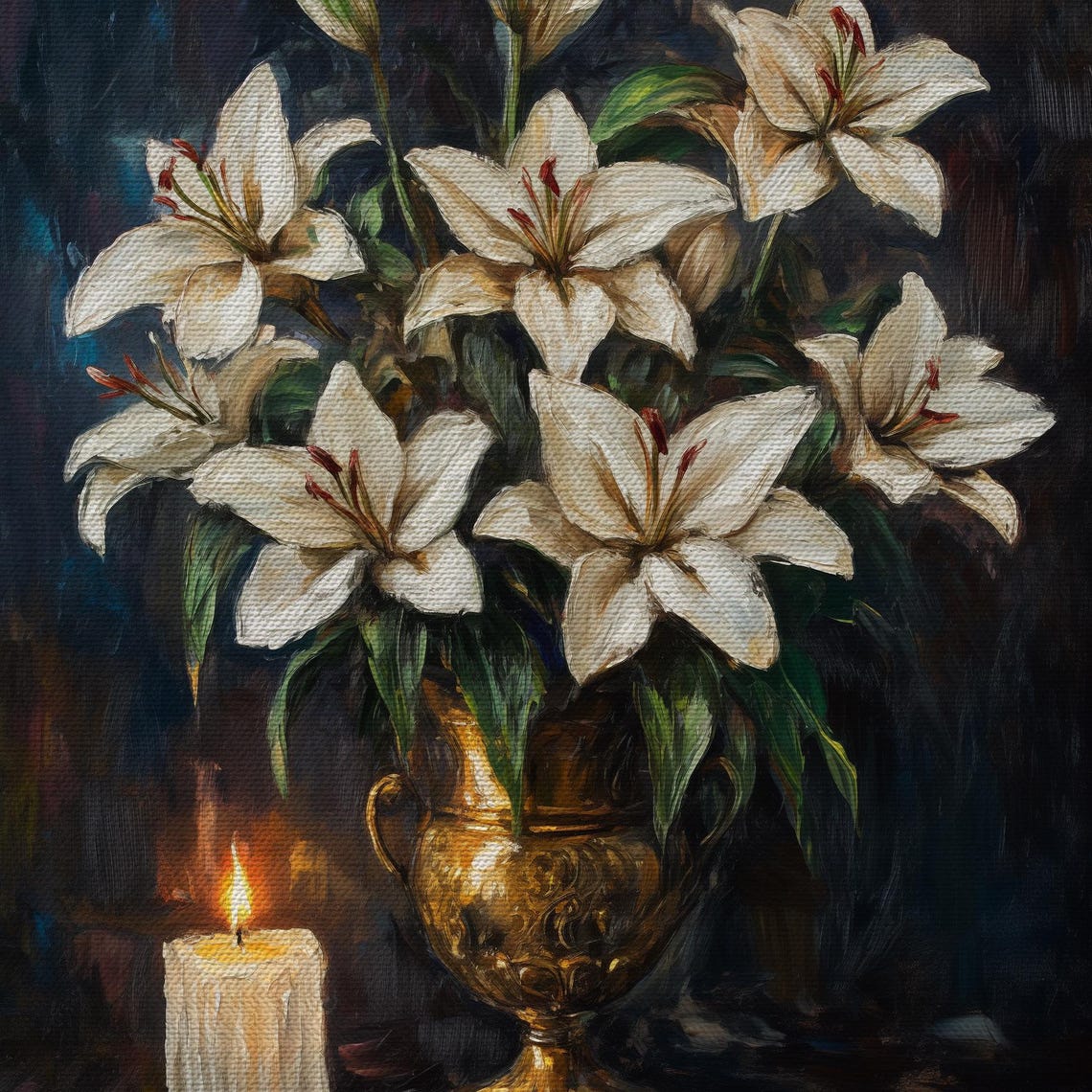 White Lilies Golden Urn Lit Candle Moody Classical Still Life Poster - Image 4