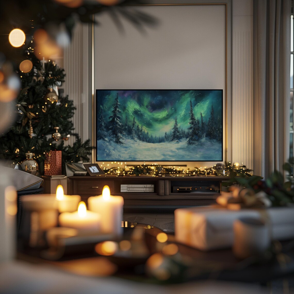 Northern Lights Over Snowy Pines Green Aurora Night Sky Winter Poster - Image 3