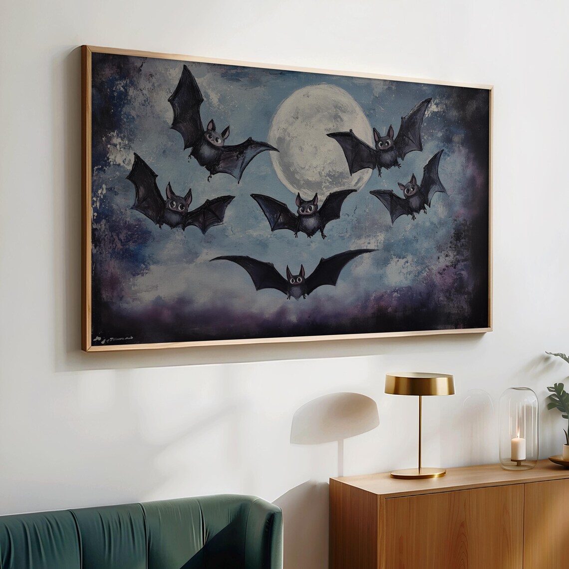 Cute Bats Flying Before a Full Moon Night Sky Vintage Halloween Wall Art - Image 4