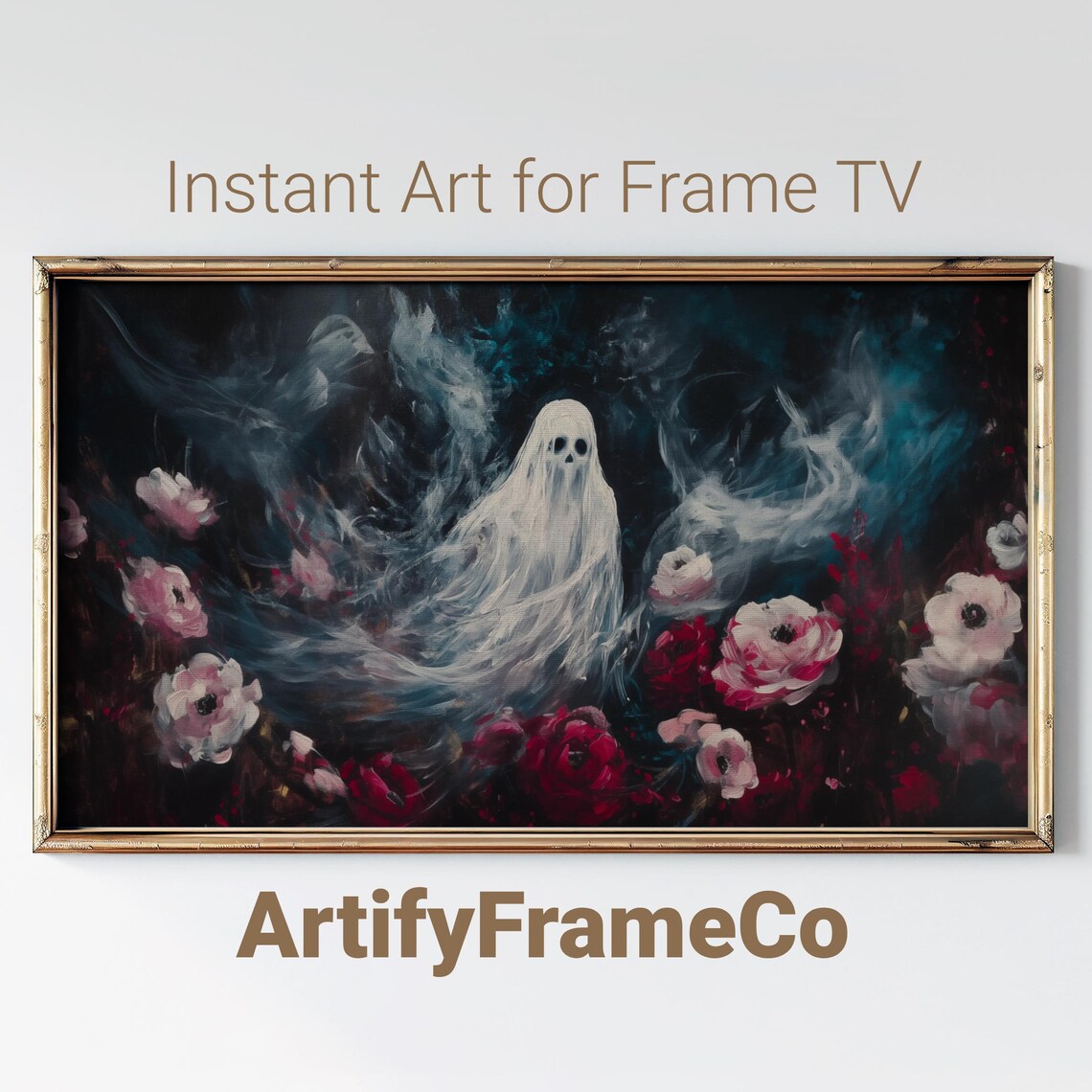 Ethereal Ghost in a Dark Floral Night Garden Moody Halloween Oil Painting Wall Art