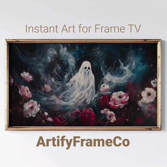 Ethereal Ghost in a Dark Floral Night Garden Moody Halloween Oil Painting Wall Art