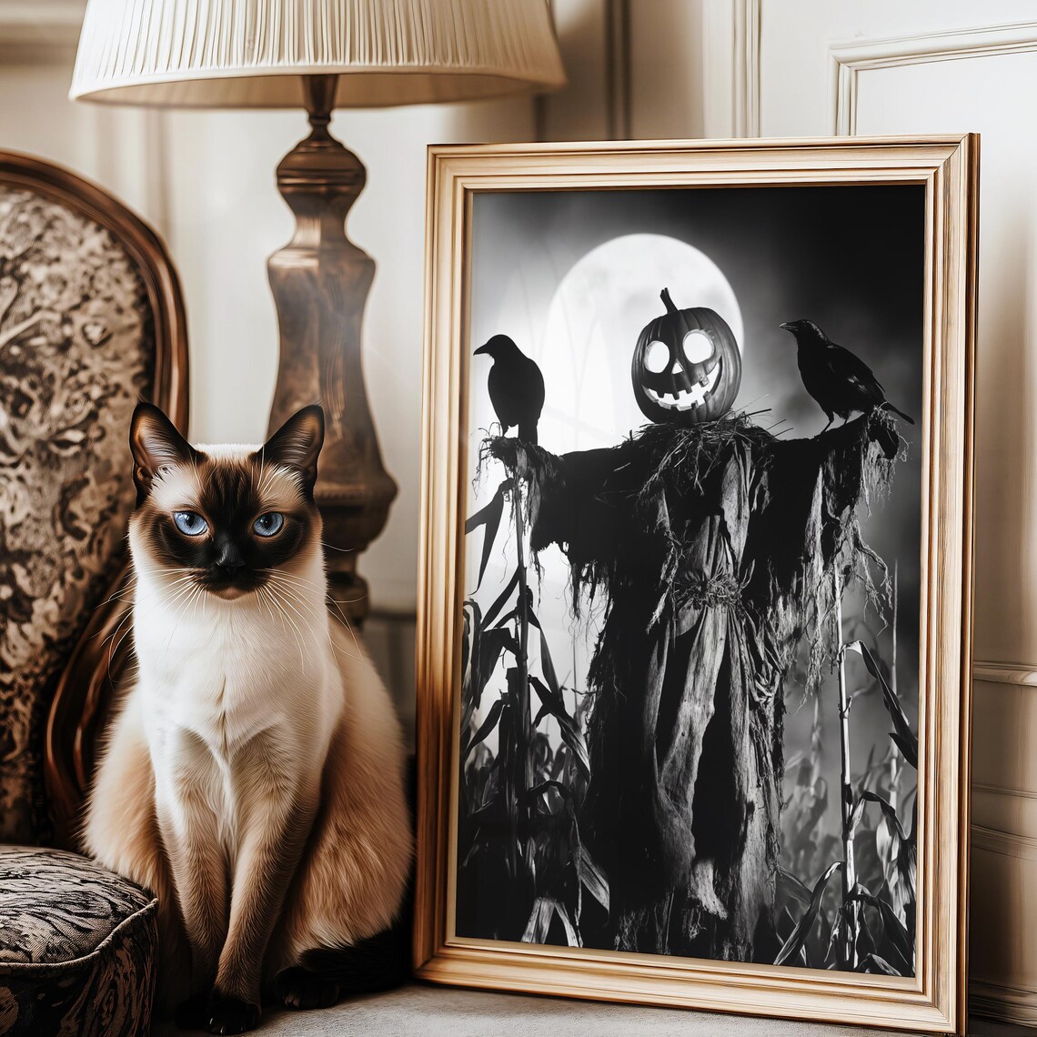 Pumpkin Head Scarecrow With Crows Under Full Moon Black White Halloween Wall Art - Image 3