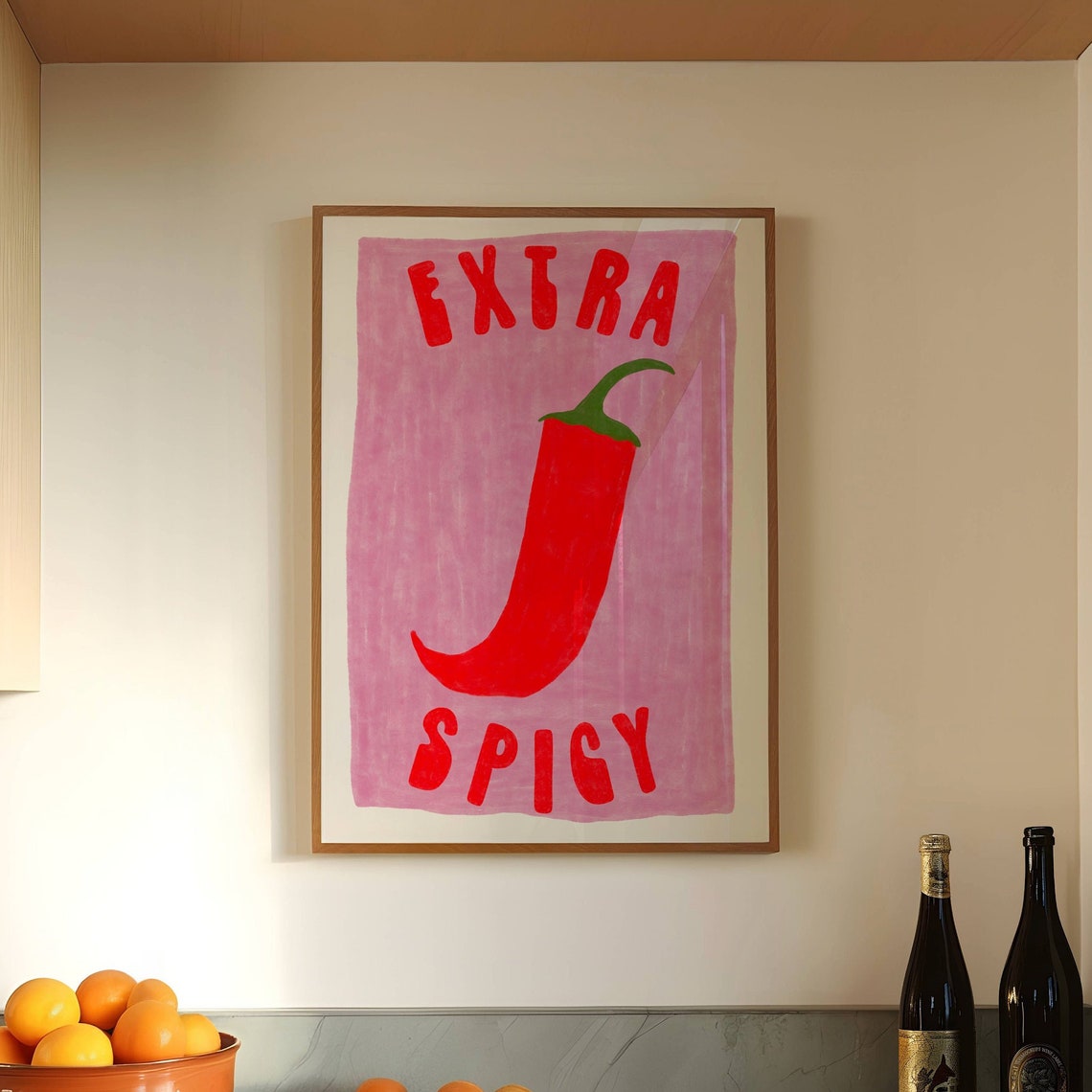 Extra Spicy Red Chili Pepper Hand Painted Pink Foodie Art Poster - Image 3