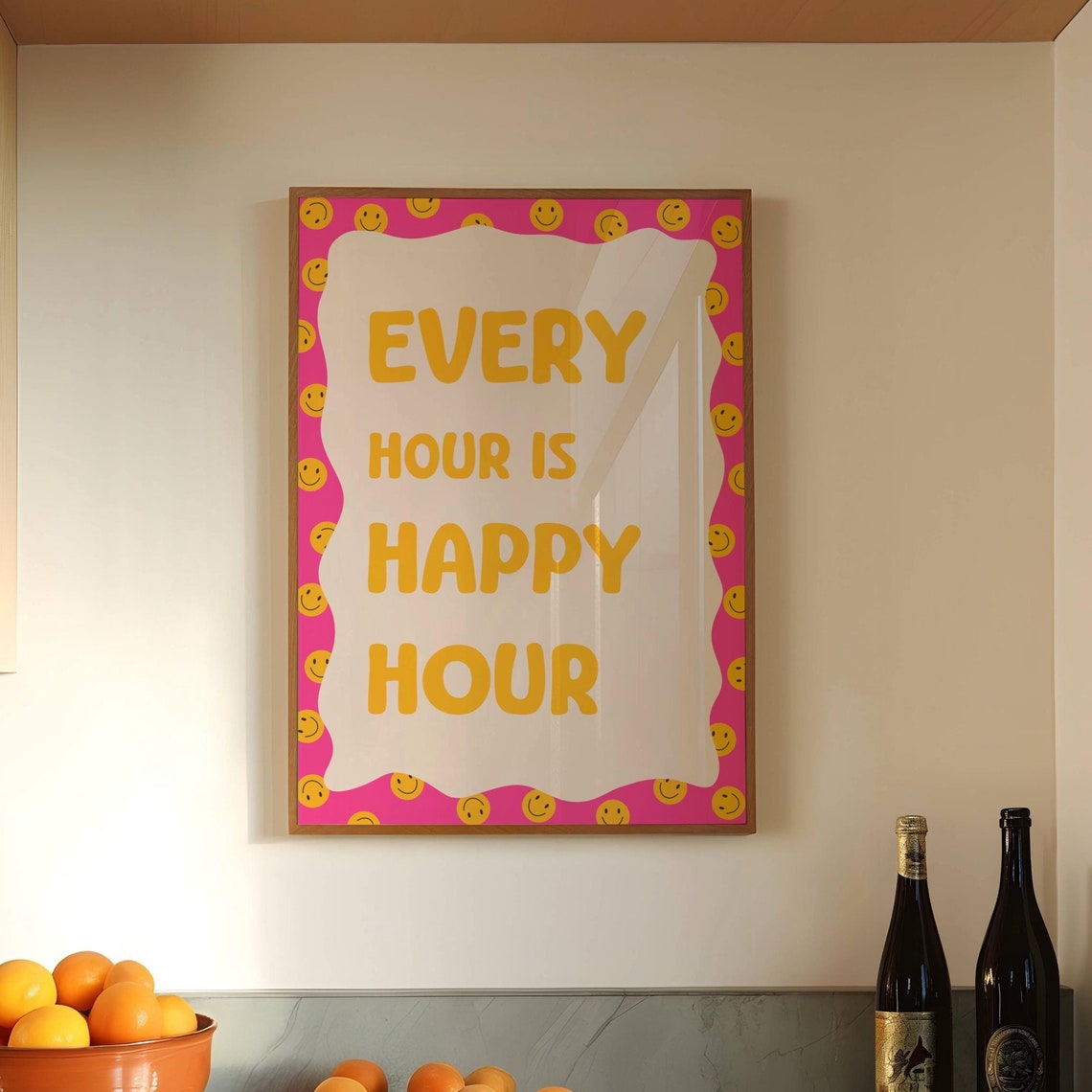 Every Hour Is Happy Hour Smiley Face Pink Bar Cart Fun Poster - Image 3
