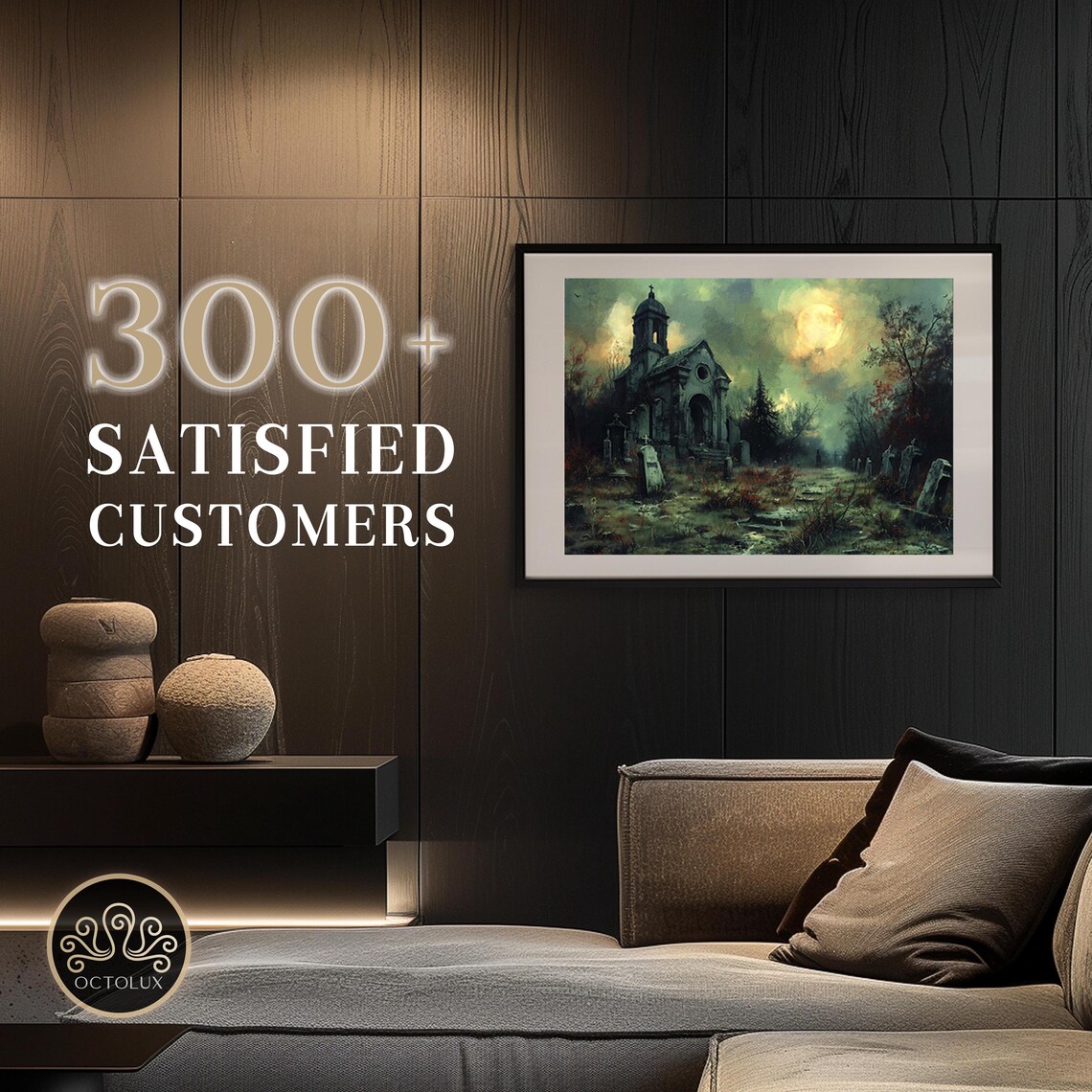 Dark Cemetery Moonlit Chapel Graveyard Spooky Halloween Gothic Wall Art - Image 2