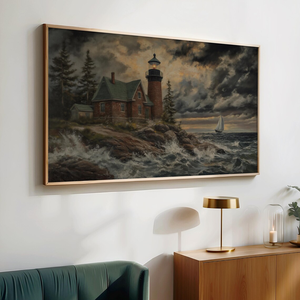 Stormy Coast Lighthouse Brick Keeper House Waves Vintage Nautical Poster - Image 2
