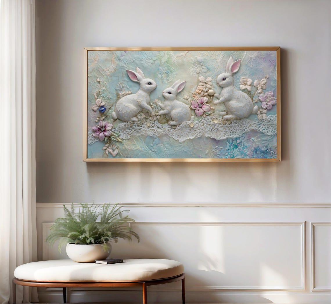 3d Easter Frame Tv Art Cute 3d Embroidered Easter Bunny Vintage Rabbit Family Textured Frame Tv Spring Easter Screensaver Tv111 - Image 3