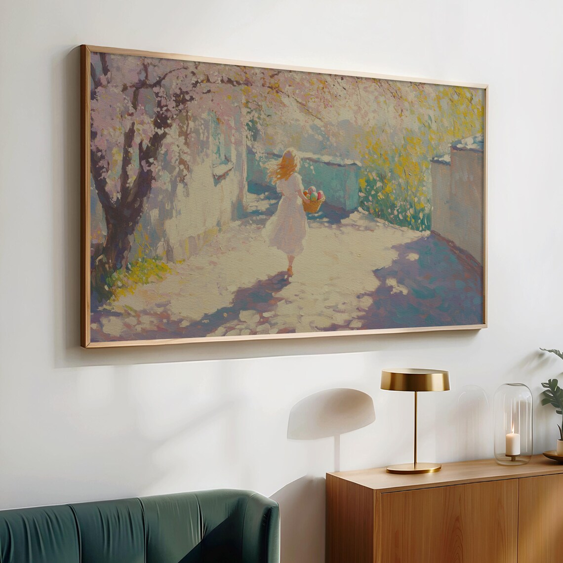 Girl Carrying Easter Eggs Through Blooming Spring Village Painting Poster - Image 2