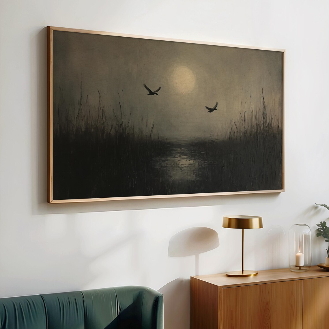 Night Marsh Flying Birds Moonlit Vintage Wildlife Frame TV Art Poster - Image 2