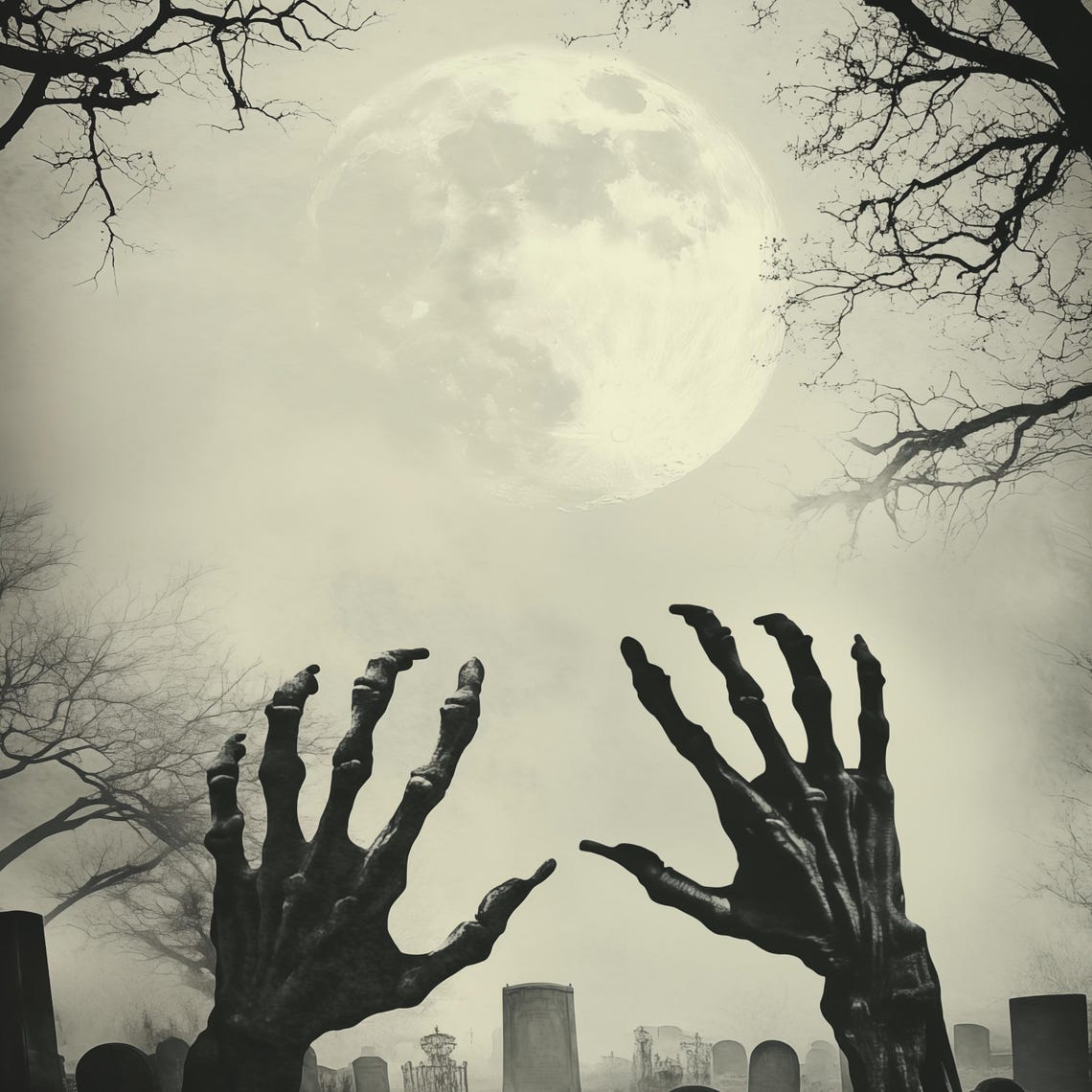 Zombie Hands Rising In Graveyard Under Full Moon Horror Poster - Image 4