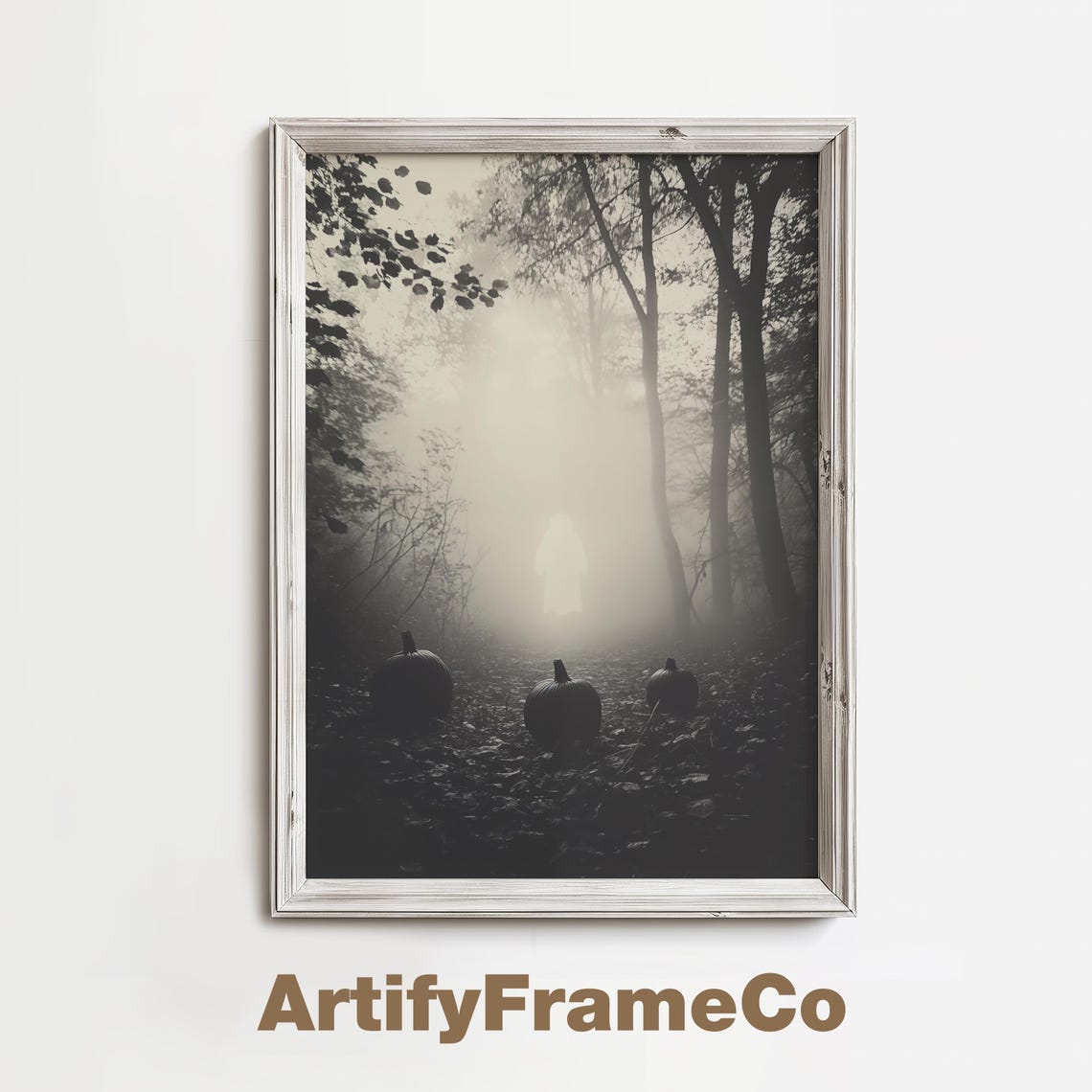 Ghostly Figure In Foggy Pumpkin Forest Moody Halloween Poster