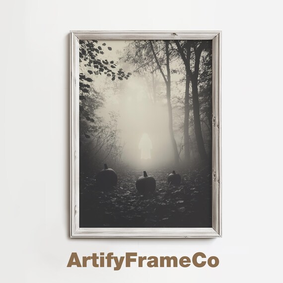 Ghostly Figure In Foggy Pumpkin Forest Moody Halloween Poster