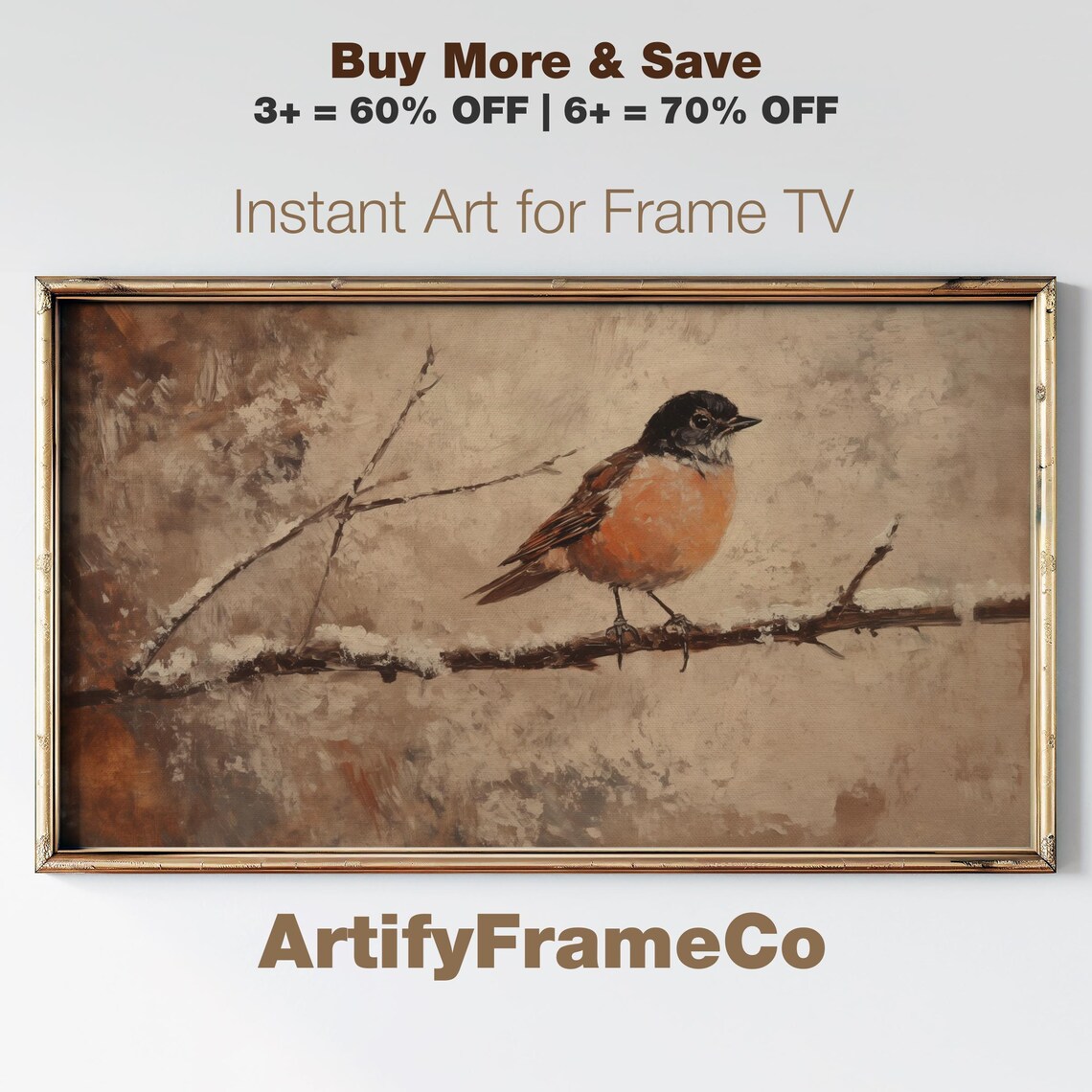 Black Headed Orange Breasted Songbird Snowy Branch Painting Poster