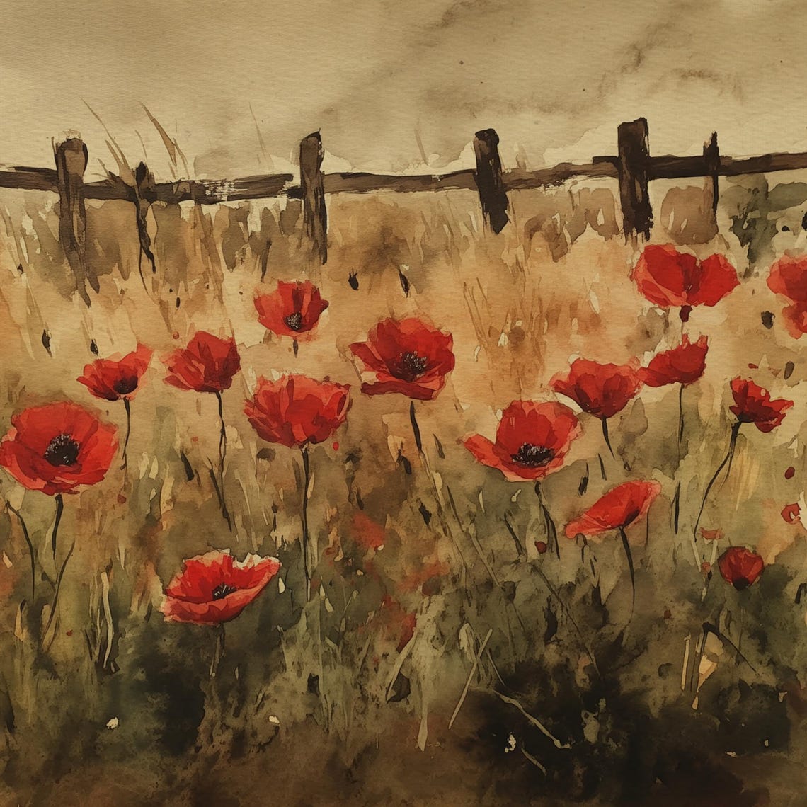 Red Poppy Field Wooden Fence Rustic Watercolor Landscape Poster - Image 4