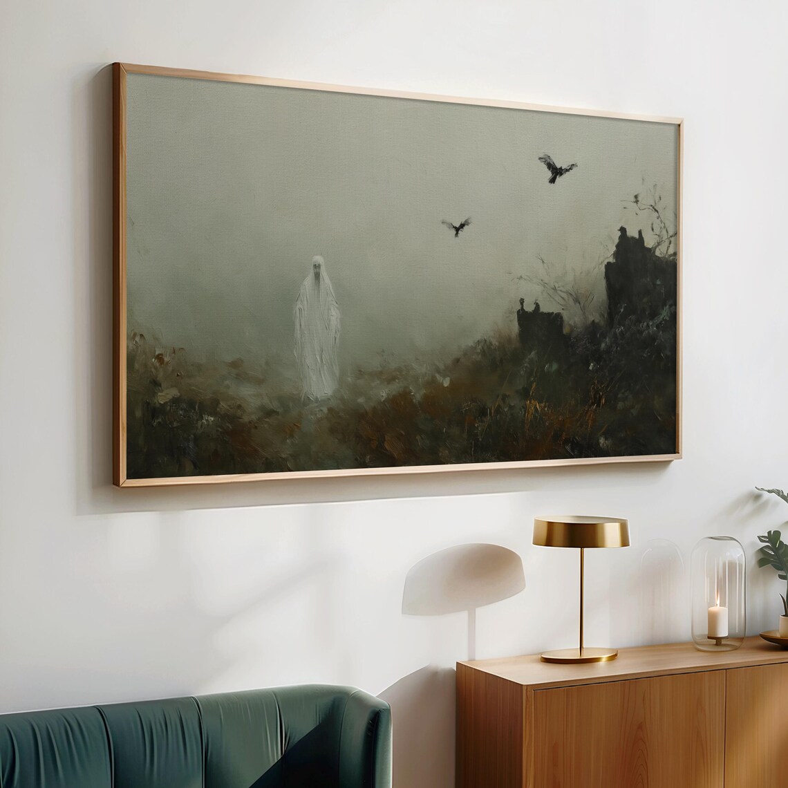 Solitary Ghost in Foggy Ruins With Crows Moody Vintage Halloween Wall Art - Image 4