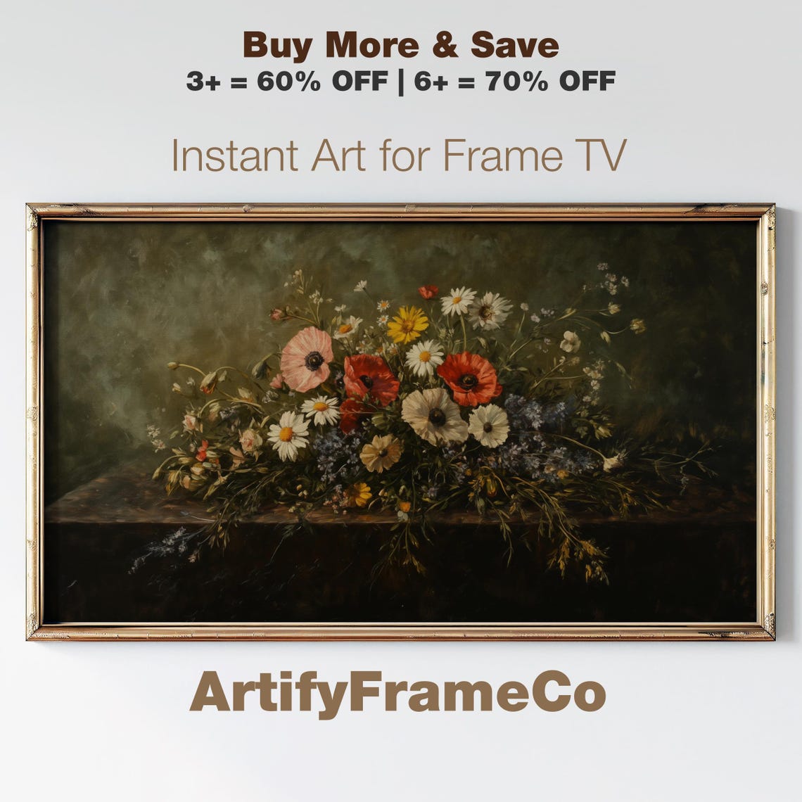 Antique Wildflower Bouquet Poppies Daisies Dark Frame TV Art Poster