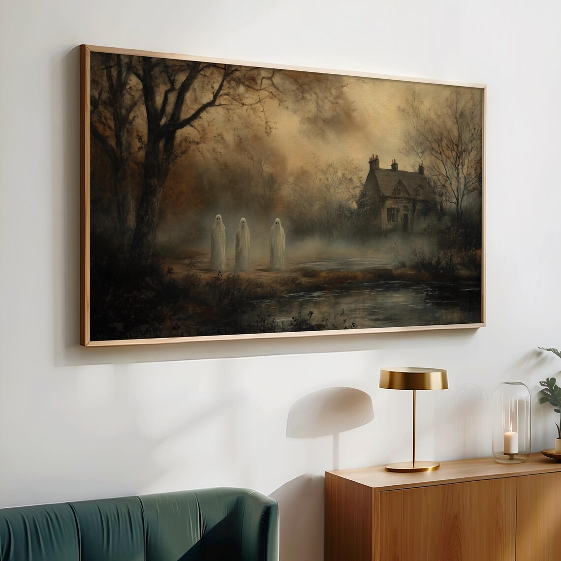 Three Ghosts by a Misty Pond in Autumn Vintage Moody Halloween Wall Art - Image 4