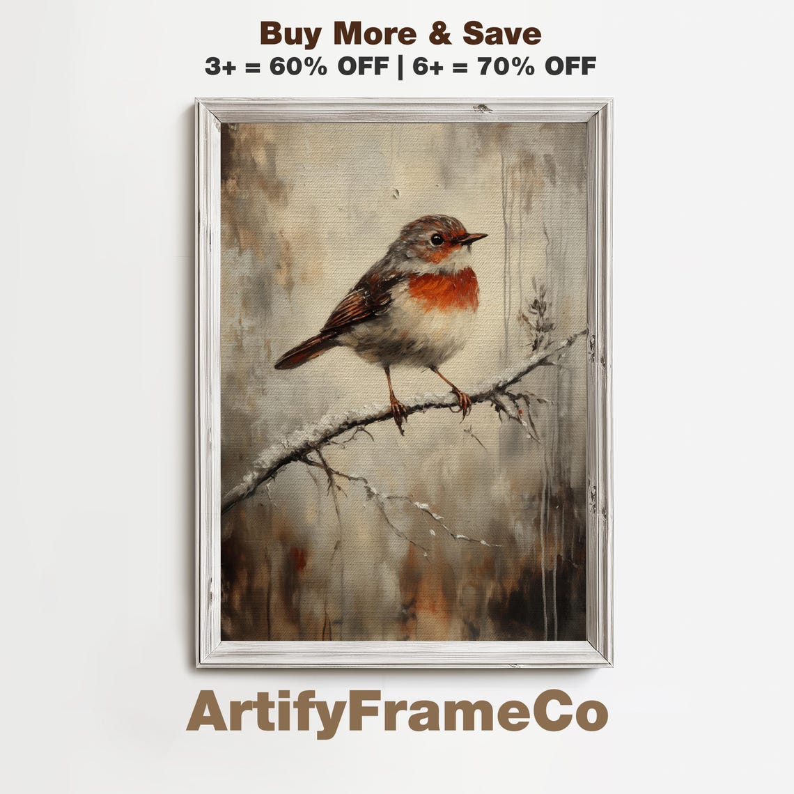 European Robin Snowy Branch Soft Winter Songbird Painting Poster