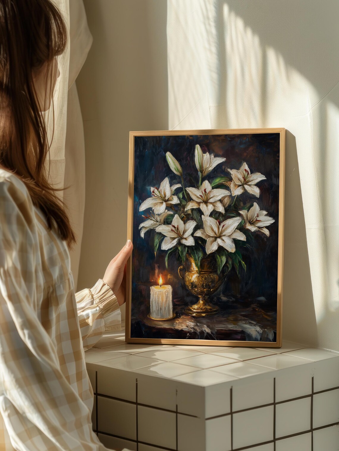 White Lilies Golden Urn Lit Candle Moody Classical Still Life Poster - Image 2
