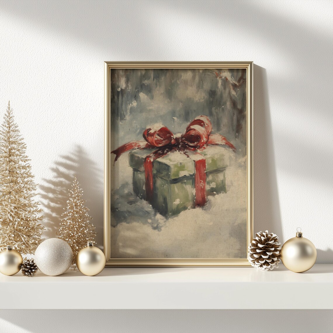 Christmas Gift Box Red Bow Resting in Snow Winter Holiday Scene Poster - Image 3