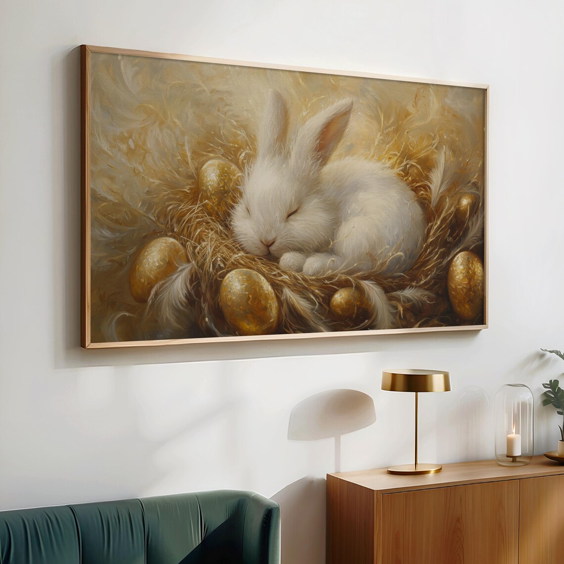 Sleeping Bunny Among Golden Easter Eggs Cozy Spring Wildlife Wall Art Poster - Image 2