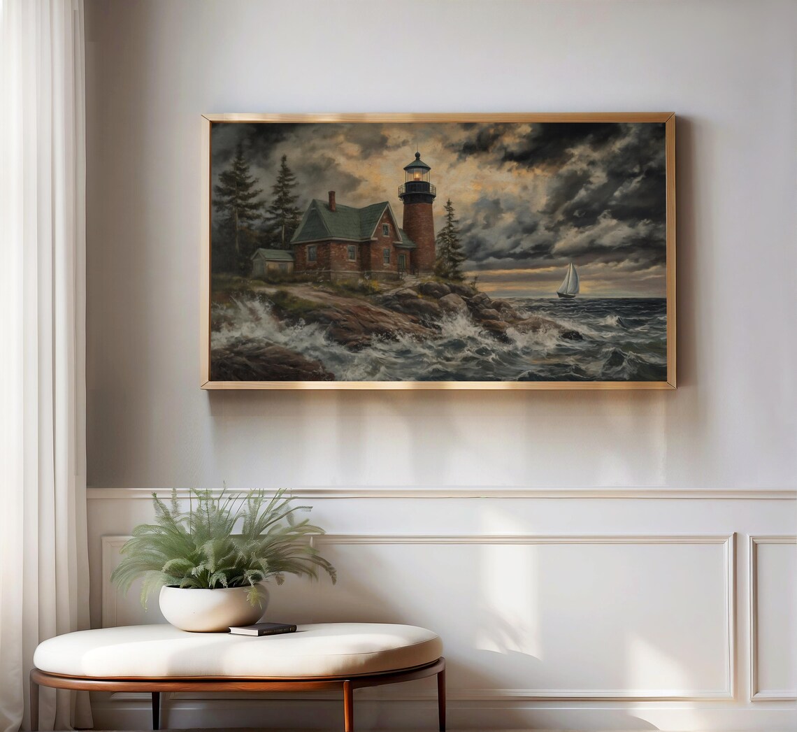 Stormy Coast Lighthouse Brick Keeper House Waves Vintage Nautical Poster - Image 3