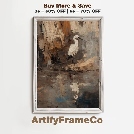 Dusky Heron By The Shore Wall Art Brown Vintage Style Living Room Year Round Painting Impasto Moody Look