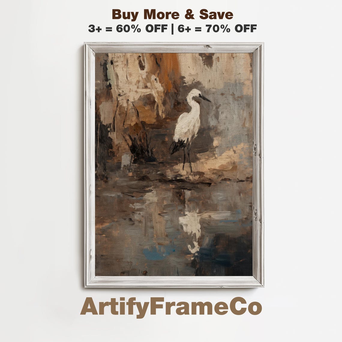 White Egret Wading Abstract Marsh Painting Earthy Tones Art Poster