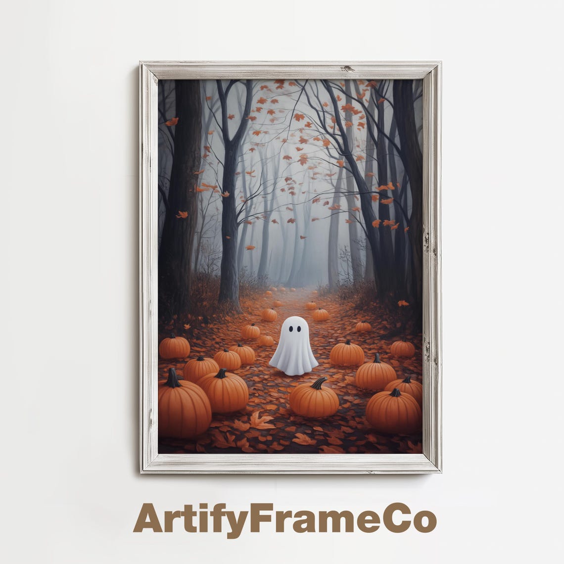Cute Ghost With Pumpkins In Woods Art Spooky Halloween Decor Vintage Ghost Painting Dark Academia Home Decor