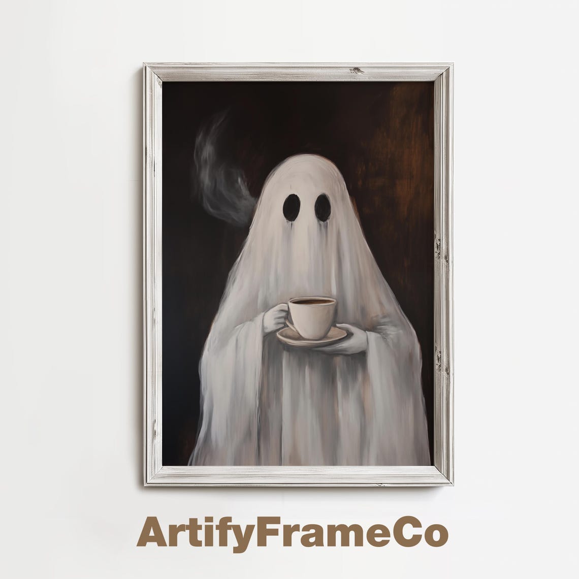 Sheet Ghost Holding Teacup Vintage Oil Painting Style Poster
