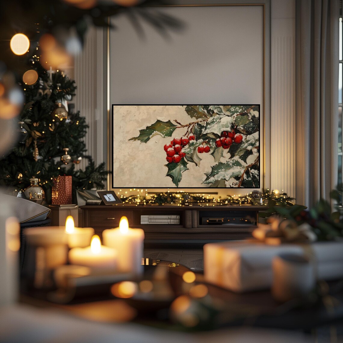 Snowy Holly Leaves Red Berries Frosted Winter Botanical Art Poster - Image 3