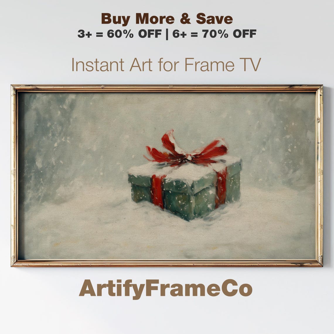Snowy Christmas Gift Box Red Bow Winter Landscape Holiday Poster