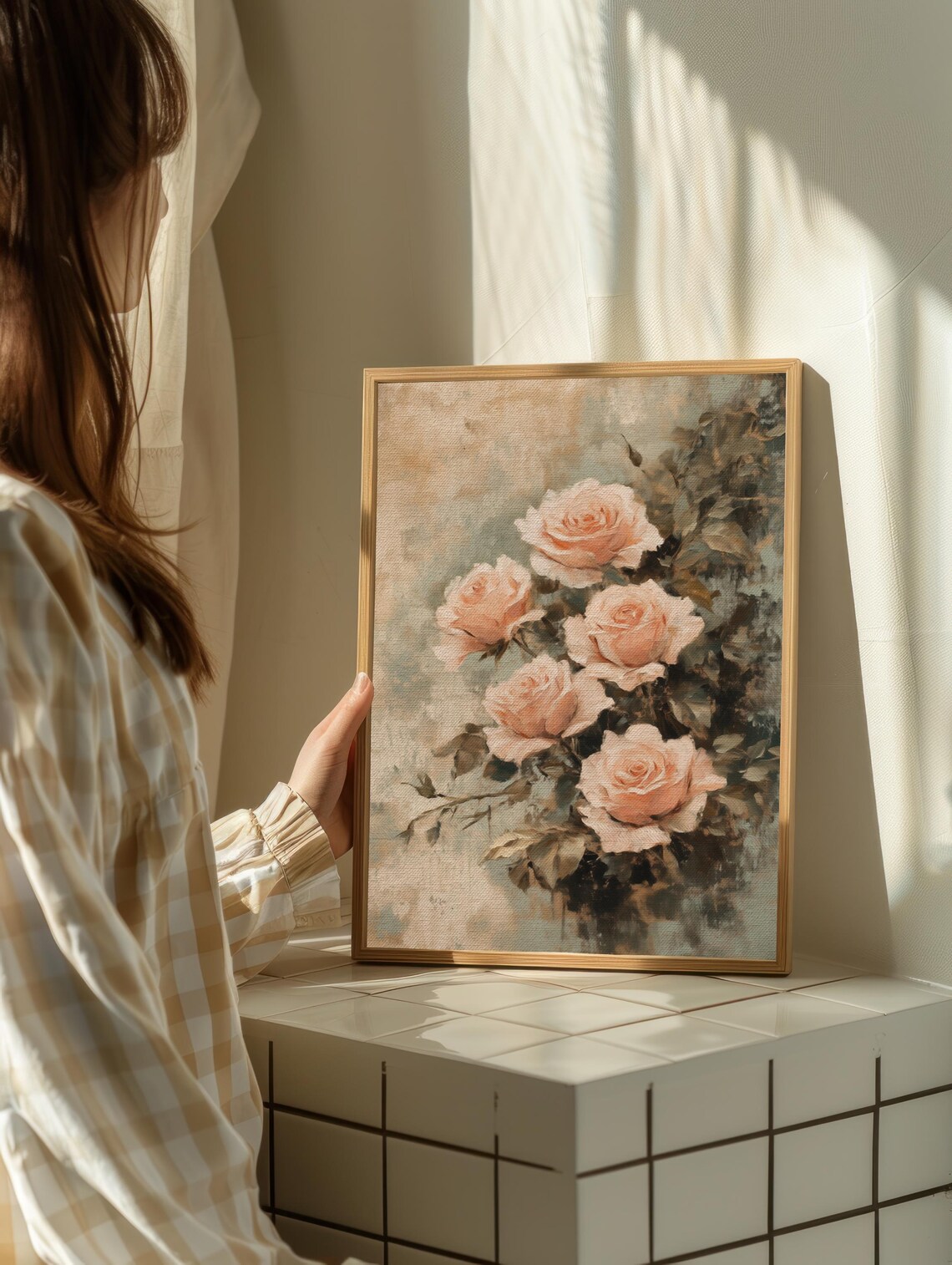 Blush Peach Roses Soft Vintage Floral Oil Painting Style Poster - Image 2